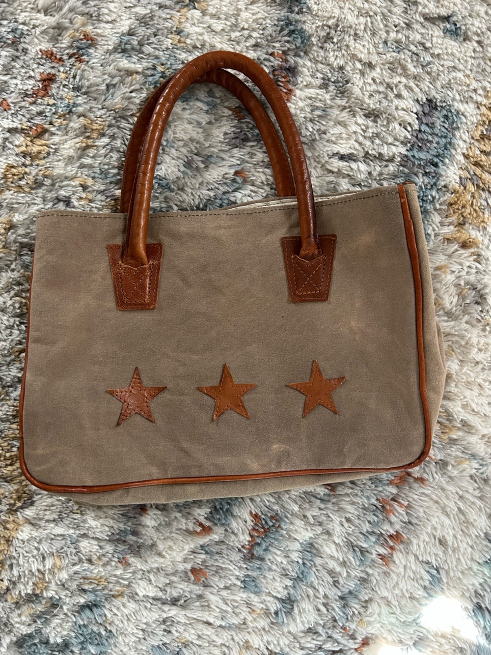 Taupe Canvas Tote Bag with Brown Star Accents
